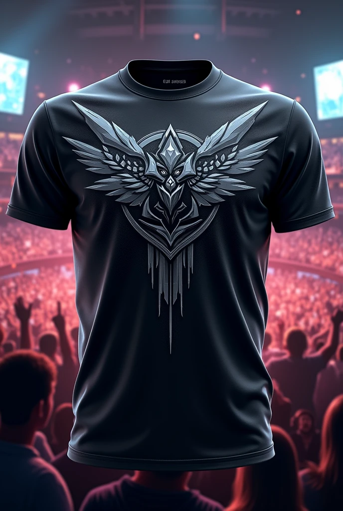 create a shirt for an e-sports team related to the game league of legends in black and gray colors
