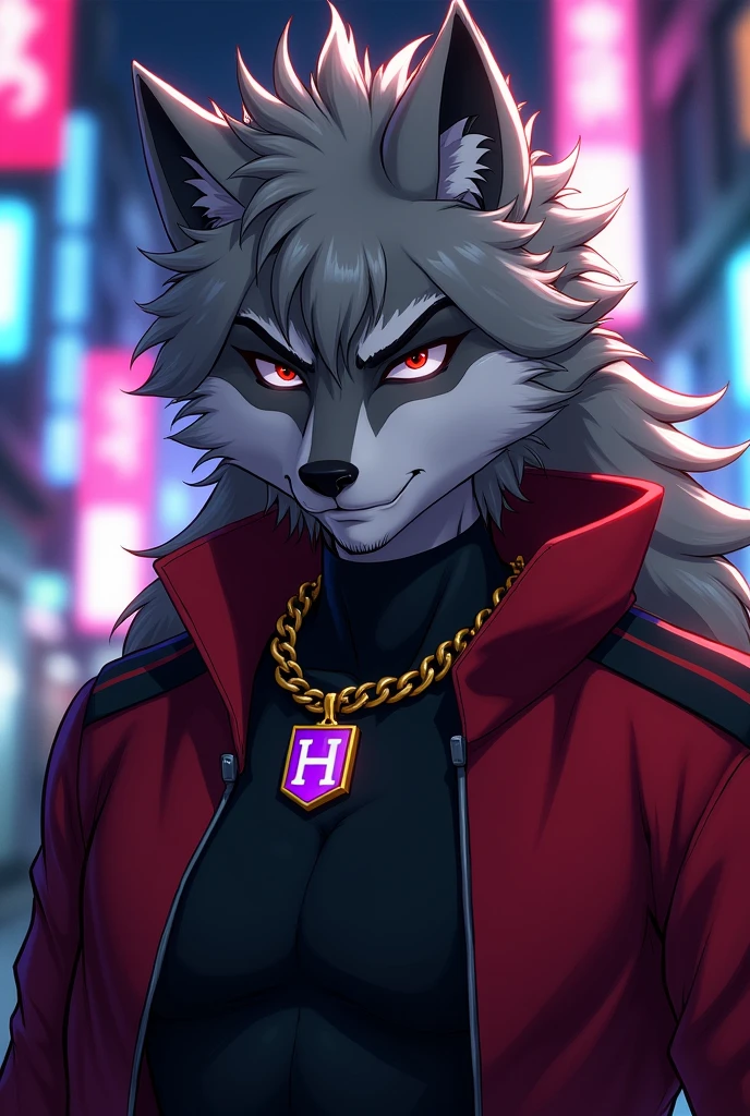 Anime style drawing of a male anthropomorphic wolf furry with gray fur and slightly long, spiky hair, There is a hair passing between the two eyes, has a lot of fur behind, that goes all the way to your back, a bit of your back fur passing over your shoulder and staying in front of your chest, has a serious expression, has red eyes and dark circles, wears a red collar with a gold tag with a purple h symbol printed on it, wears a black and red long sleeve shirt from the chest down.