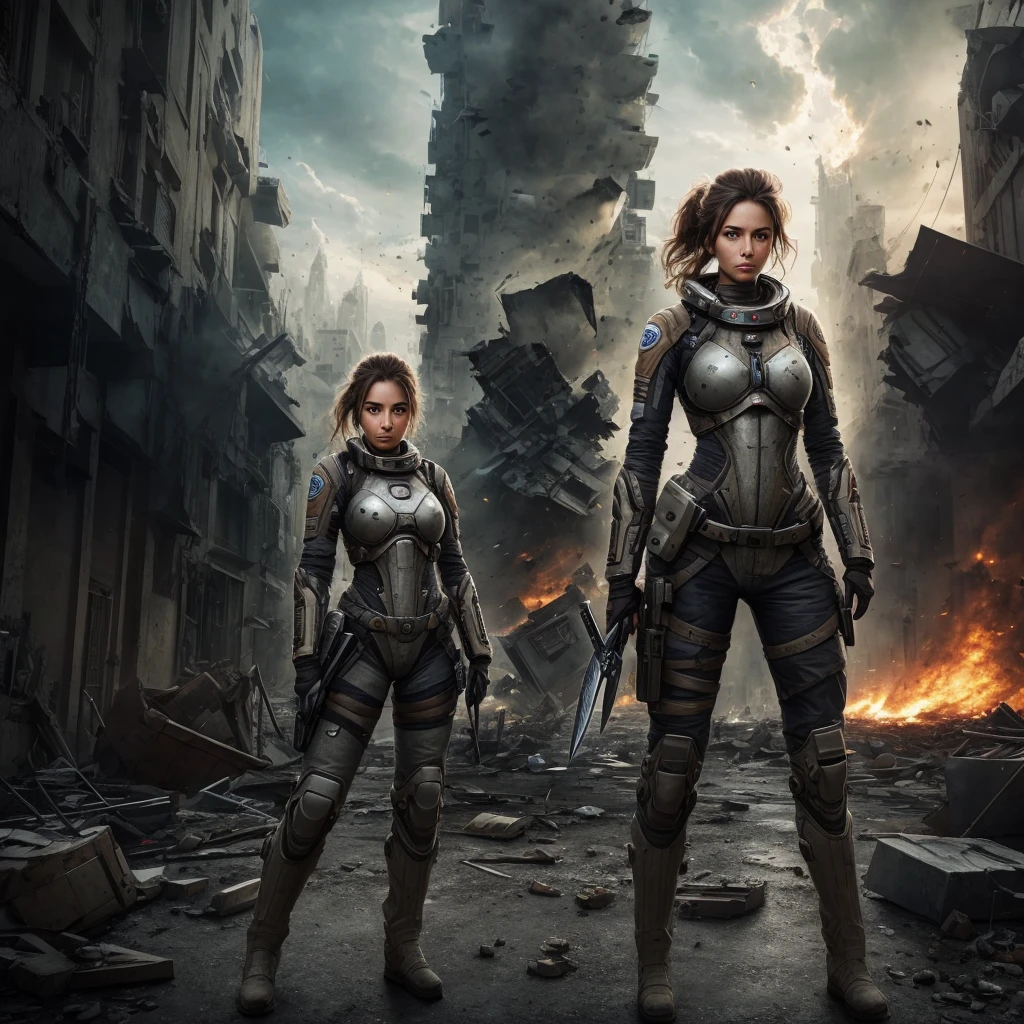 woman, unkempt hair, exosuit chest, torn clothes, war wounds, holds knife, sneaky pose, full body focus, destroyed city background