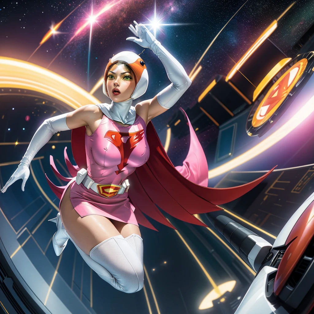 ANI_CLASSIC_jun_gatchaman_ownwaifu,1girl, ,good anatomy, masterpiece, best quality,realistic, hyperrealistic, 16k hdr,breasts,green eyes,lips,large breasts,lipstick,makeup,gloves,cape,helmet,belt,elbow gloves,white gloves,mask,ultra miniskirt,leotard,spacesuit,white tight overknee highheels boots,pink dress,superhero,bodysuit,cleavage,erected nipples,((jumping poses)),cameltoe