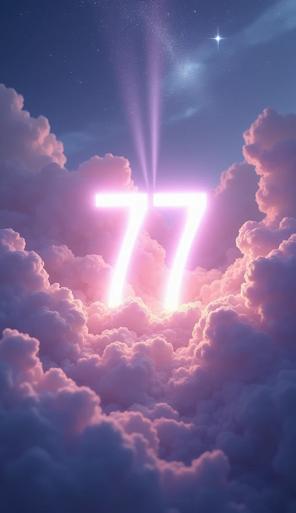 Create a mystical and ethereal scene with the angel number "777" glowing softly in the center. The background should be a dreamy blend of purples, blues, and soft whites, filled with swirling clouds, sparkling stars, and gentle light rays. The atmosphere should feel magical and serene, with the number "777" appearing divine and celestial, surrounded by subtle, glowing light. The overall composition should evoke a sense of tranquility and spiritual connection, as if the viewer is gazing into a heavenly realm.