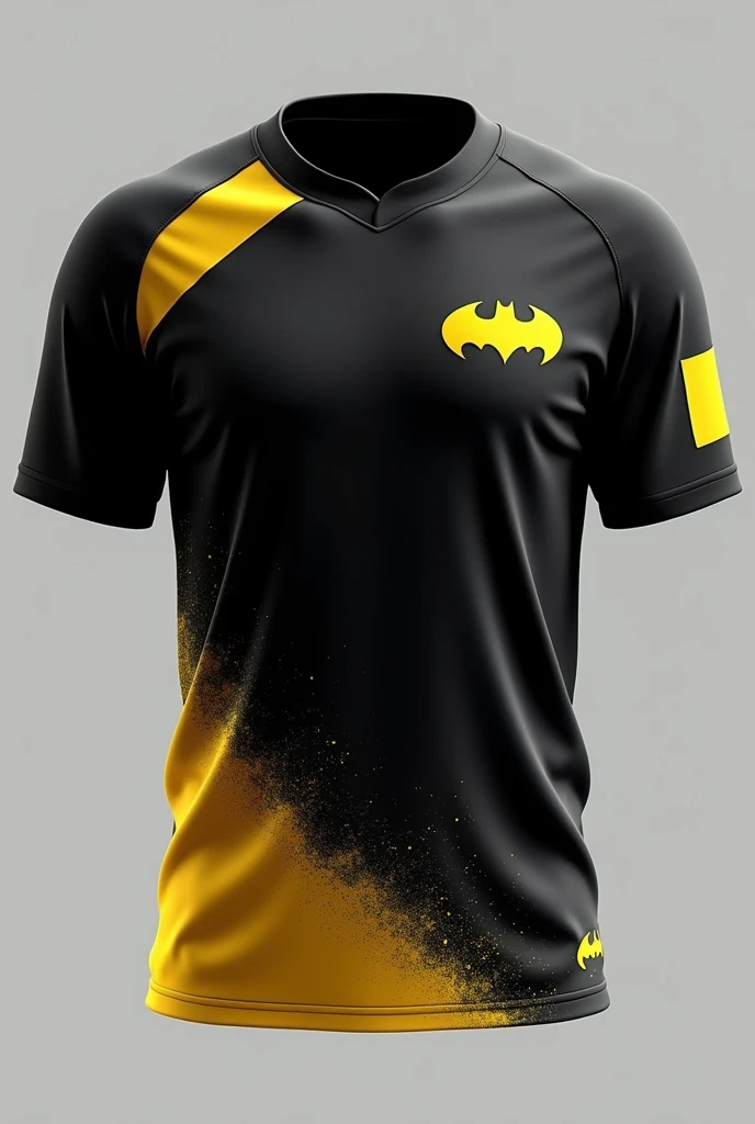 make this batman bat smaller and place it on the right side of the chest. And please add a transparent batman design on the bottom area of the shirt.. Leave a sporty essence for school games. Show the complete shirt please.
Keep these details in the black part, make a small gradient to yellow at the end of the shirt, make this bat smaller and place it on the right side of the peoto. Don&#39;t forget to leave the essence of sports jersey for school games. Make it really eye-catching, Although, don&#39;t turn it into a cosplay, leave the sporty.
Now make the back of the shirt, follow the same branch, but put the drawing of the Batman hero in the middle in a transparent way ,the word "name" in the upper area of the shirt and the number 10 in the middle, with a cool font DO THE FRONT PART