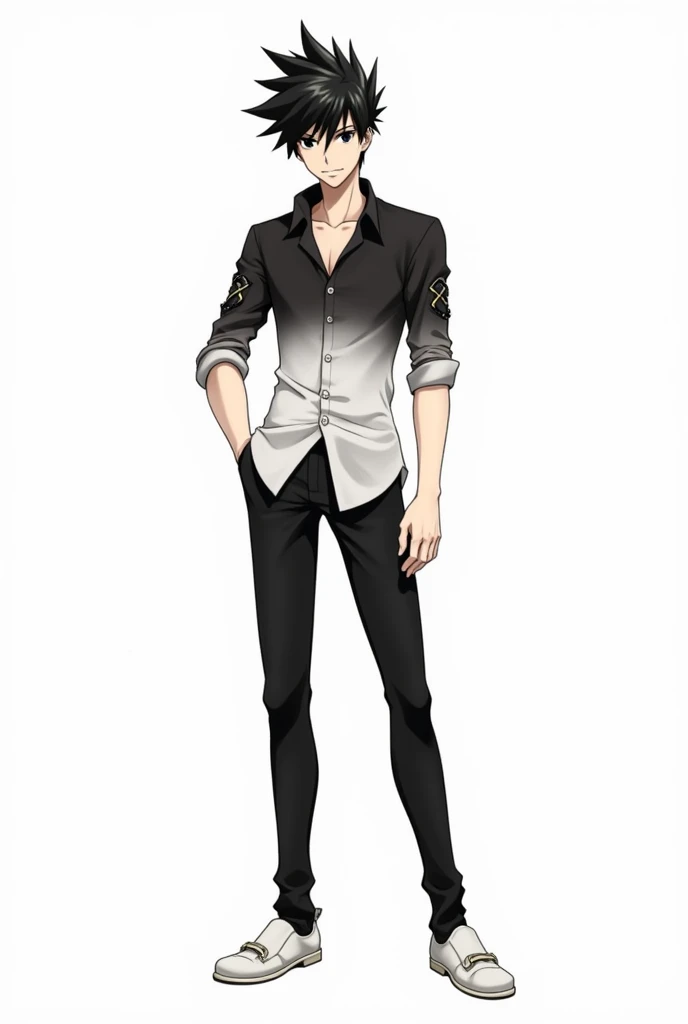 Create a male anime character with spiky black hair, black eyes, light skin, a shirt with a white bottom, a real top and real sleeves, black pants and white shoes, and a white background.