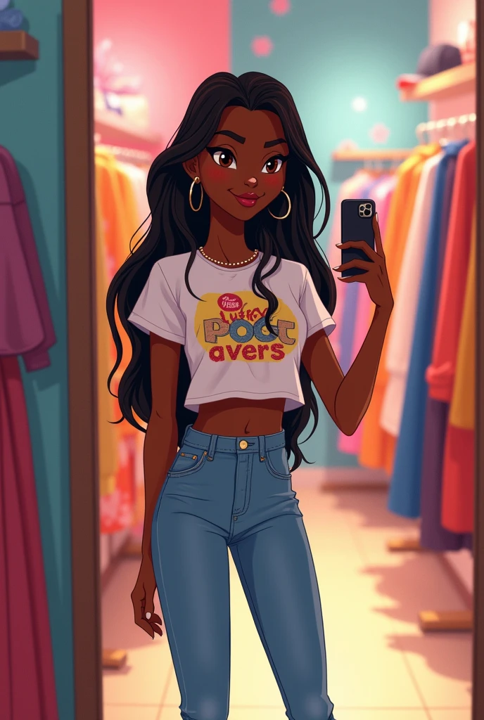 Disney-type drawing of a thin dark-skinned girl with long, half-straight hair, Brown eyes, right nose piercing, dressed in jeans and a t-shirt, with an iPhone in hand,stop in the fitting room of your store