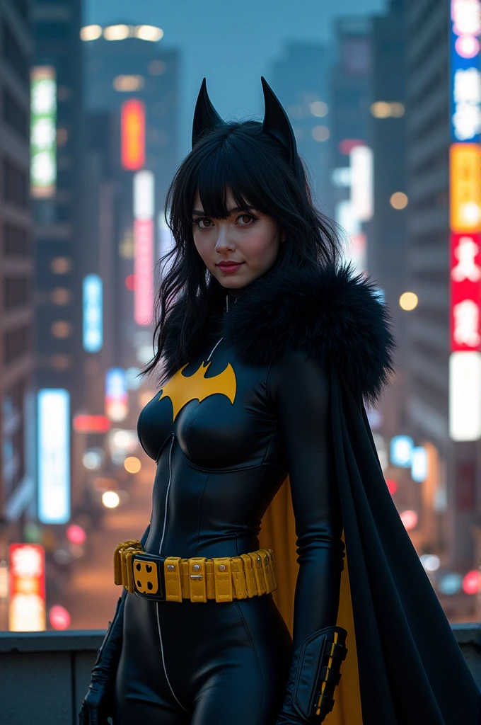 (masterpiece, Best Quality),1 girl, Alone, Cassandra Cain, batgirl costume, black fur, Brown eyes, smile,
Akihabara City, of the dead,  evening,  from above, Standing roof, neon sign, Game center,(masterpiece:1.2), (Best Quality:1.2), Perfect eyes, perfect face, volumetric lighting, ABS, toned, Wide hips, thick thighs, small breasts,