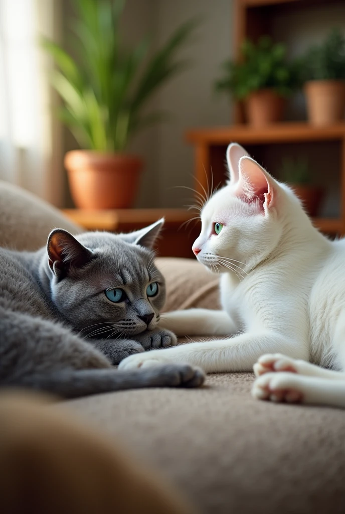 The gray cat with blue eyes and the white cat with green eyes. The gray cat is sick with a fever.