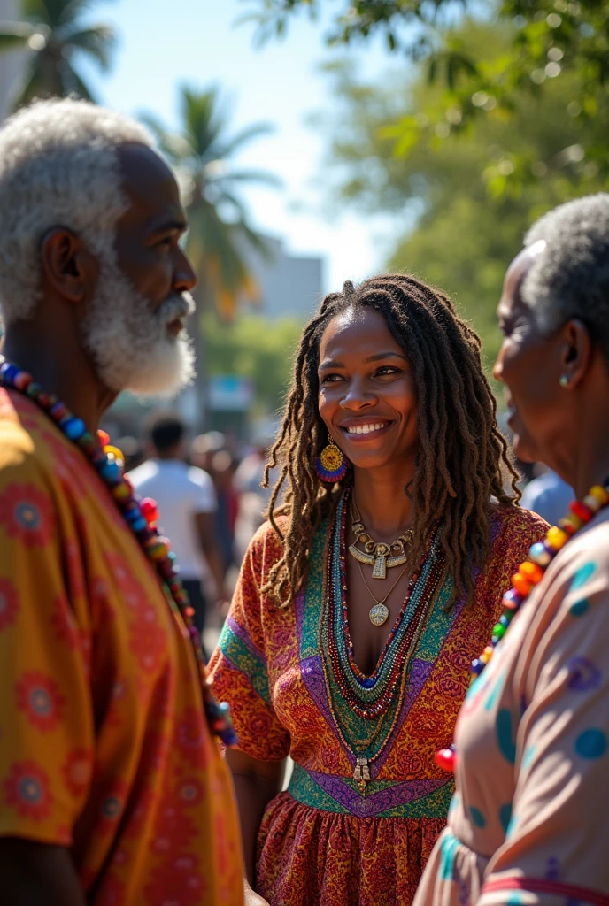 Gessie femme âgée de 54 ans, Afro Américaine dreadlorks relâché sur son dos.  Teint lumineux, habits traditionnel haitienne, colliers, bracelets. Paysage province Leogane Haiti place Anacaona, rencontre Jaccot âgé  de 53 ans, PORTE parole KNVA afro africain et Bailly, cheveux blancs très long sur son dos, moustaches blancs, barbes blanche, 75 ans directeur De l université INIVA. Cadre hautement lumineux, verdure,, place colorante. Je veux voir trois personnes en evidences. Gessie, Jacques cheveux très courts, barbes grisonnantes, son ventre en relief, Arriere plan des passants, joyeux.