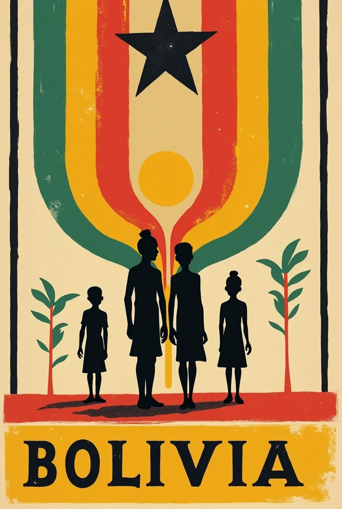 Label for liquor with space for letters but without saying anything and the brand with 2 black silhouettes of Afro-Bolivian people with black clothing. The size of the silhouettes should be small, with predominant colors being red, yellow and green.