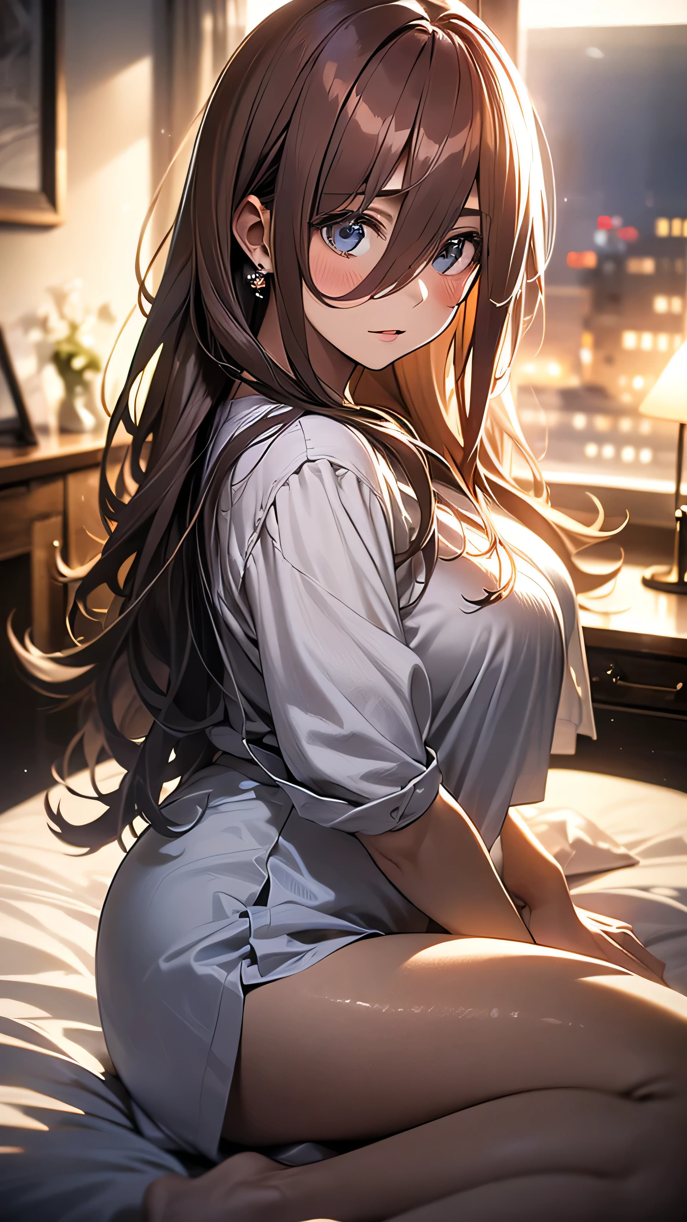 realistic, Two Women、胸を揉んでいる、A painting of two women gazing at each other、お尻を向けている、female up、Two women kiss、Women are lined up.、The entanglement of women、The bodies of two women、Both have big breasts、dramatic, sensuous, highly detailed portrait of a beautiful young woman with long reddish brown hair, big blue eyes with long eyelashes, detailed facial features, smooth vibrant anime-style skin texture, perfect busty figure, confident and attractive pose, white panties visible, hotel room night view, soft lighting, romantic and sensuous atmosphere, (best quality, 4K, 8k, highres, masterpiece:1.2), ultra-detailed, (realistic, photorealistic, photo-realistic:1.37), HDR, uhd, studio lighting, ultra-fine painting, sharp focus, physically-based rendering, extreme detail description, professional, vivid colors, bokeh, portraiture, anime