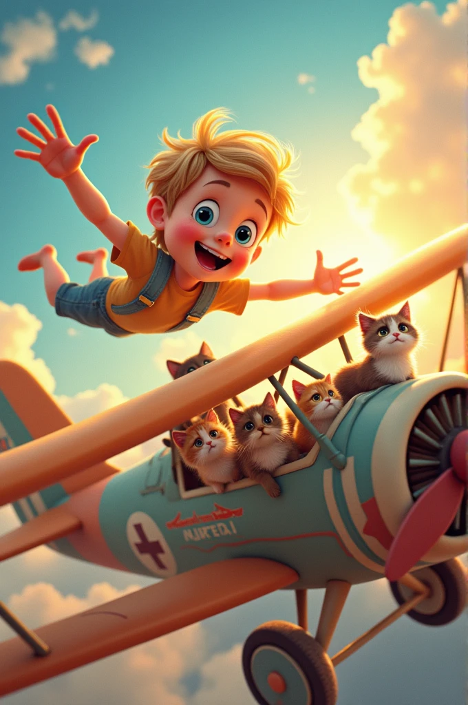 Create a boy flying next to a plane full of cats