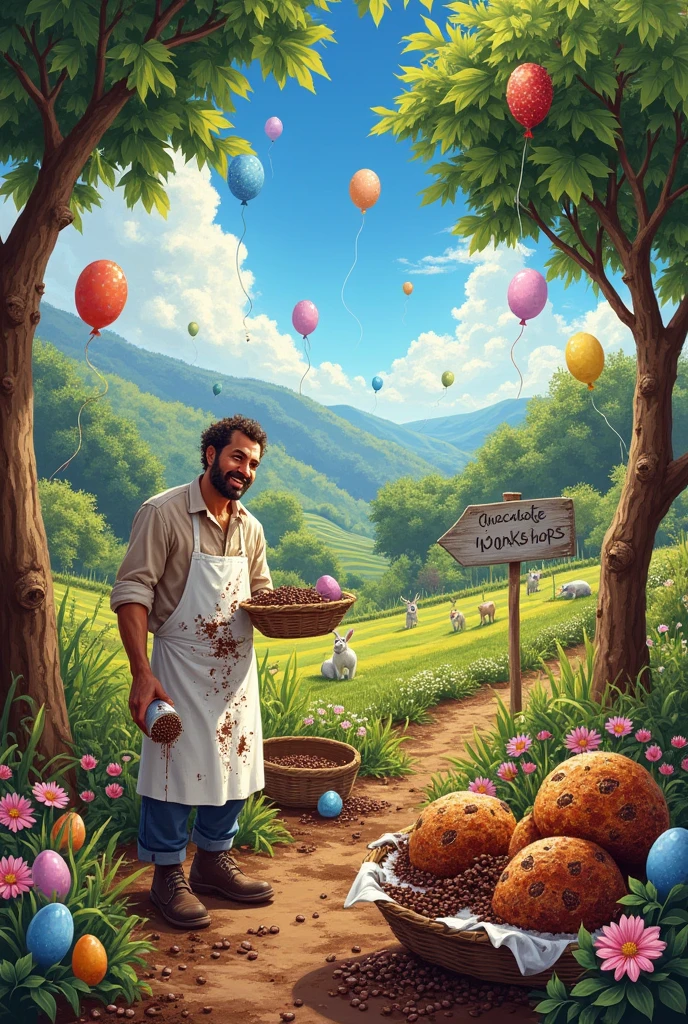 ) Search for Cacau Show on the internet. From 8 to 10 lines, draw and paint the farm with inputs used to produce truffles, Easter eggs, panettones, chocolates, etc. Be very creative. Place essential production items