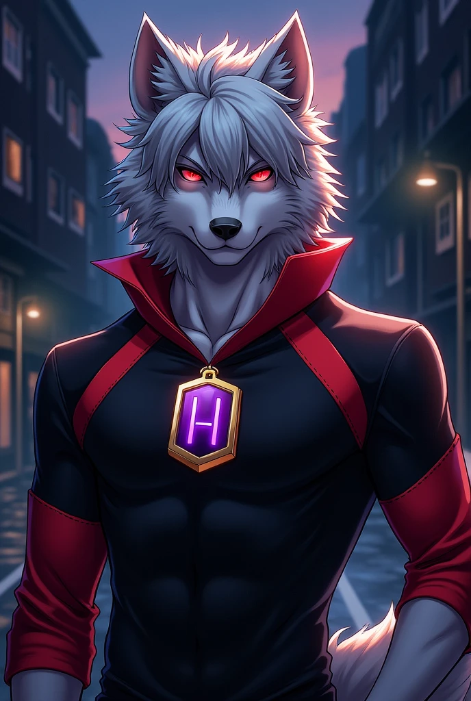 Anime style drawing of a male anthropomorphic wolf furry with gray fur and slightly long, spiky hair, There is a hair passing between the two eyes, has a lot of fur behind, that goes all the way to your back, a bit of your back fur passing over your shoulder and staying in front of your chest, has a serious expression, has red eyes and dark circles, wears a red collar with a gold tag with a purple h symbol printed on it, wears a black and red long sleeve shirt from the chest down.