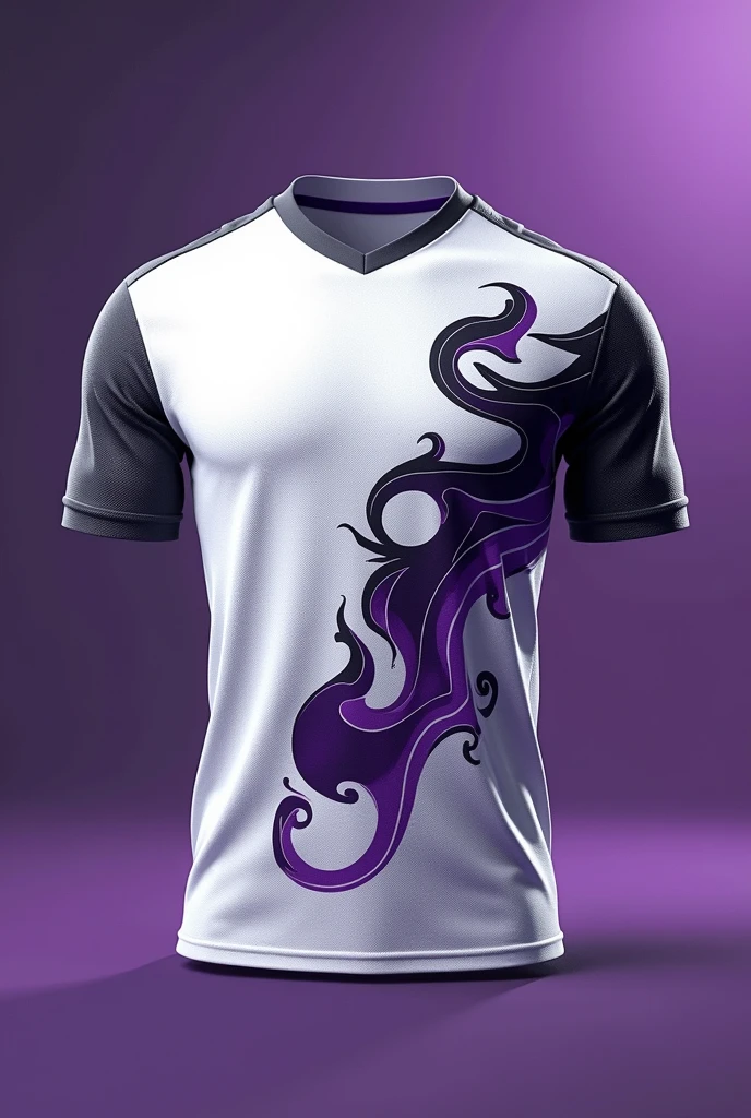 A sports jersey with a white base color and black and purple designs