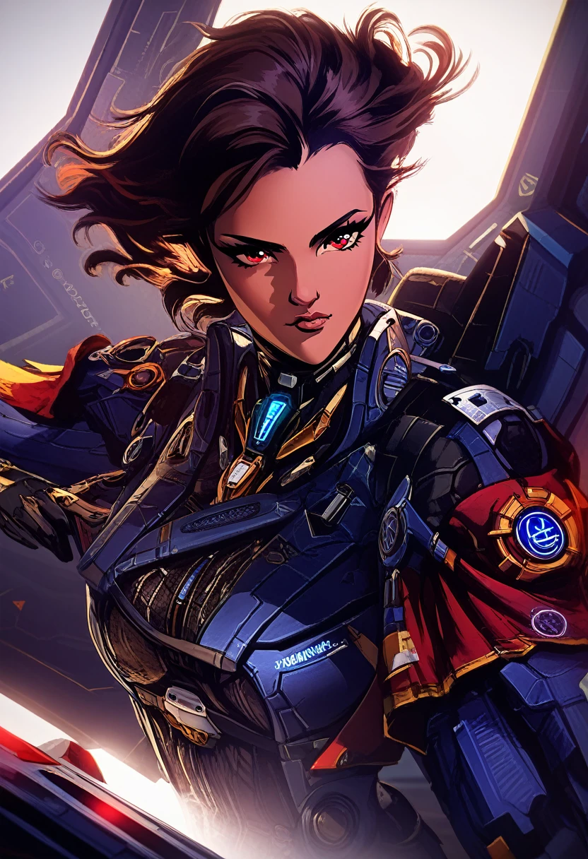 a beautiful detailed eyes, beautiful detailed lips, extremely detailed eyes and face, long eyelashes, black skin woman, mecha pilot, black short hair,black pilot suit,cockpit,super soldier red eyes, hair lisse, piloting, (best quality,4k,8k,highres,masterpiece:1.2), concept art, cinematic lighting, dynamic pose, dramatic colors, intricate detail, futuristic, sci-fi