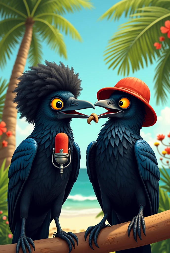 Two funny raven with yellow eye. One with
afro and is smokign and the other one with
bucket hat. haging up in a palm talking with podcast microphone.