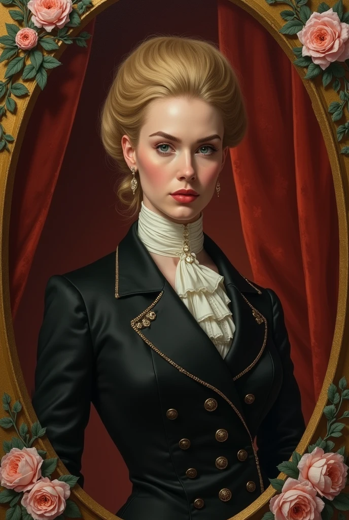 oval portrait of a blond-haired woman in a manly style in formal 19th century clothing