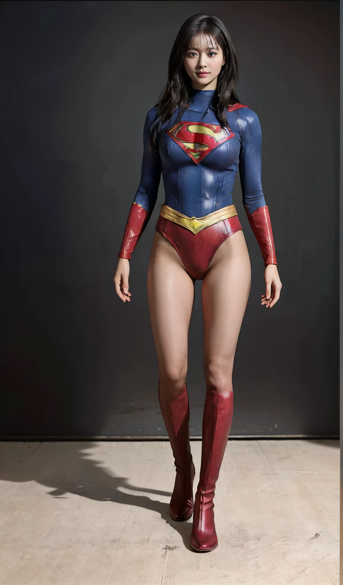 No background、(((Beautiful legs in black tights.)))、(((Legally express the beauty of your smile)))、((((Make the most of your original images)))、(((Supergirl Costume)))、(((Beautiful Hair)))、(((suffering)))、(((Please wear black tights....、Wear red boots)))、((Best image quality、8k))、((Highest quality、8k、masterpiece:1.3))、(((Preserve background )))、Sharp focus:1.2、Beautiful woman with perfect figure:1.4、Slim Abs:1.2、Wet body:1.5、Highly detailed face and skin texture、8k