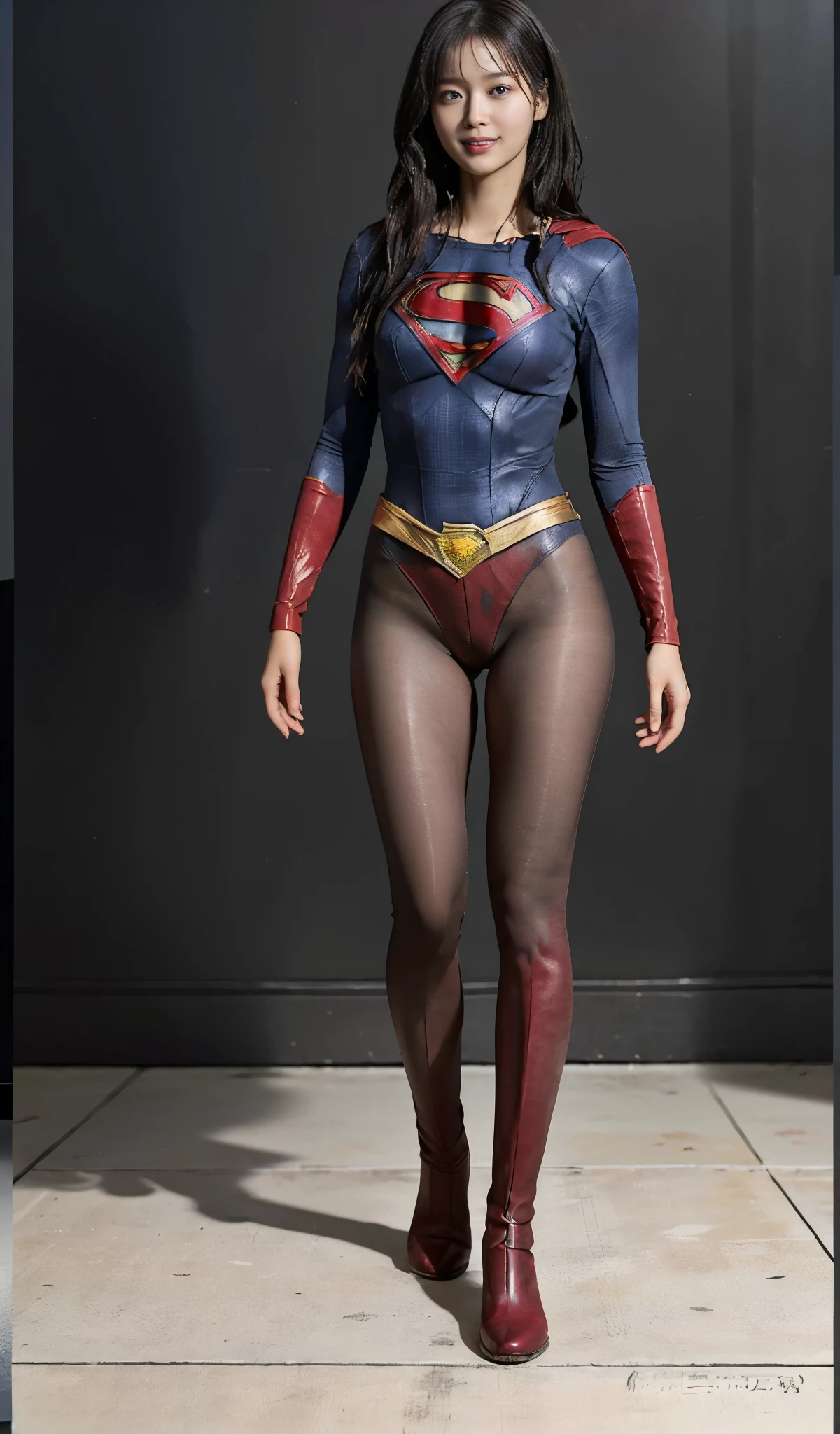 No background、(((Beautiful legs in black tights.)))、(((Legally express the beauty of your smile)))、((((Make the most of your original images)))、(((Supergirl Costume)))、(((Beautiful Hair)))、(((suffering)))、(((Please wear black tights....、Wear red boots)))、((Best image quality、8k))、((Highest quality、8k、masterpiece:1.3))、(((Preserve background )))、Sharp focus:1.2、Beautiful woman with perfect figure:1.4、Slim Abs:1.2、Wet body:1.5、Highly detailed face and skin texture、8k