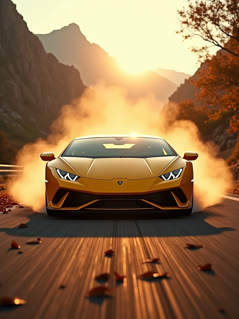 A cinematic, high-speed photograph of a yellow Lamborghini Huracan EVO sports car tearing through a race track, leaves and dust flying. The sun casts a warm, golden glow in the sky, marking the beautiful sunset hour. The mountains in the background provide a dramatic backdrop, and the car's powerful engine roars as it accelerates. The bottom-up angle shot emphasizes the sleek design and vibrant color of the vehicle, capturing its dynamic and powerful presence on the track., vibrant, cinematic, photo