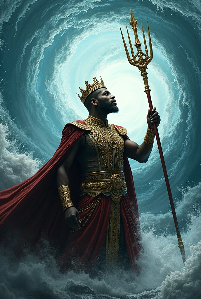 Black man with hyrdokenensis in cape and crown. Holding trident. Looking up at sky
inside water tornado. Royal outfit