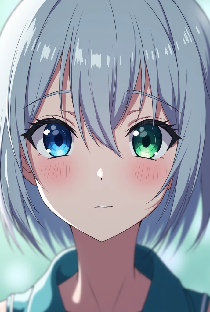 anime style, young adult woman, with one blue eye and one green eye, short white hair.
The face is seen in a close-up. The woman's expression is calm and somewhat enigmatic., with a slight smile that can be distinguished on his lips.
He is looking forward
