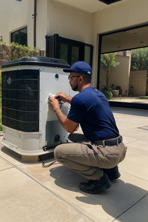 intricate detailed maintenance man, modern luxury house interior, air conditioning repair.
