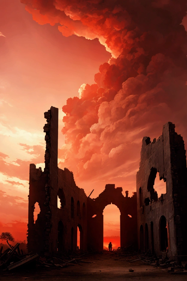 war ruins red sky