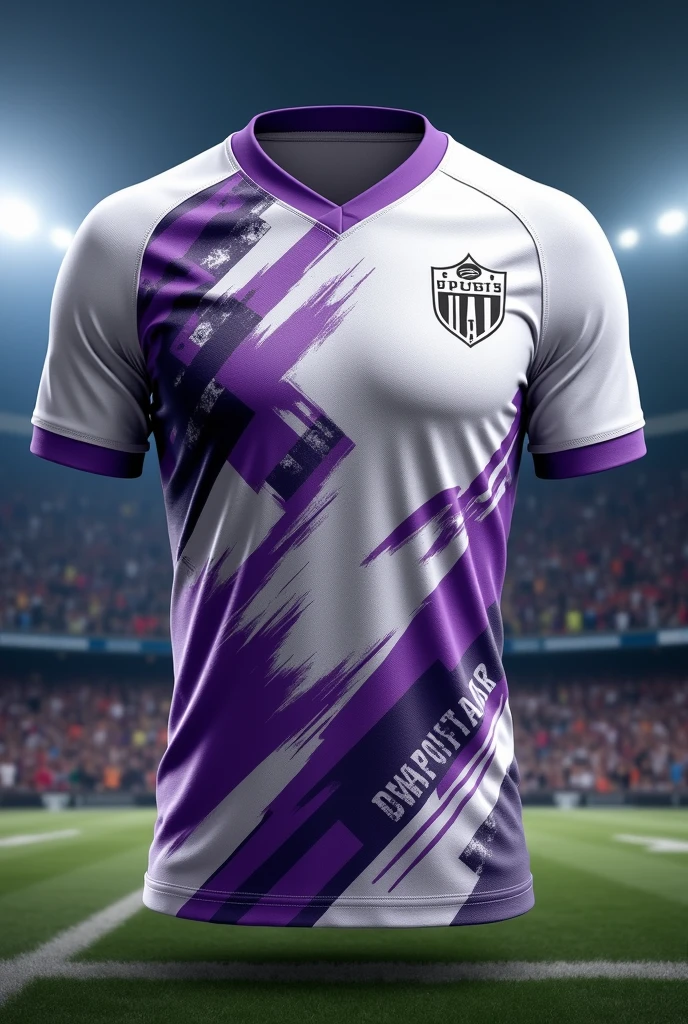 A sports jersey with a white base color and black and purple designs
