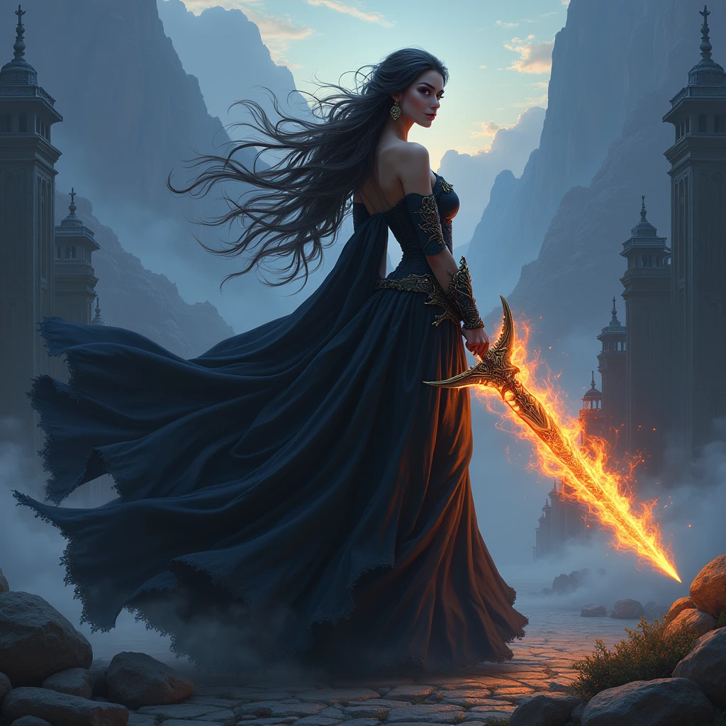 Woman in black dress holding sword and fire, Jan J, Beautiful Fantasy Empress, Fantasy Woman, Fantasy art style, Digital fantasy art ), Li Song, Jan Jin, epic Fantasy art style hd, Detailed fantasy art, 4K Fantasy Art, Amazing fantasy art, Beautiful Succubus, Anime Goddess, Fan Chi, HD fantasy art