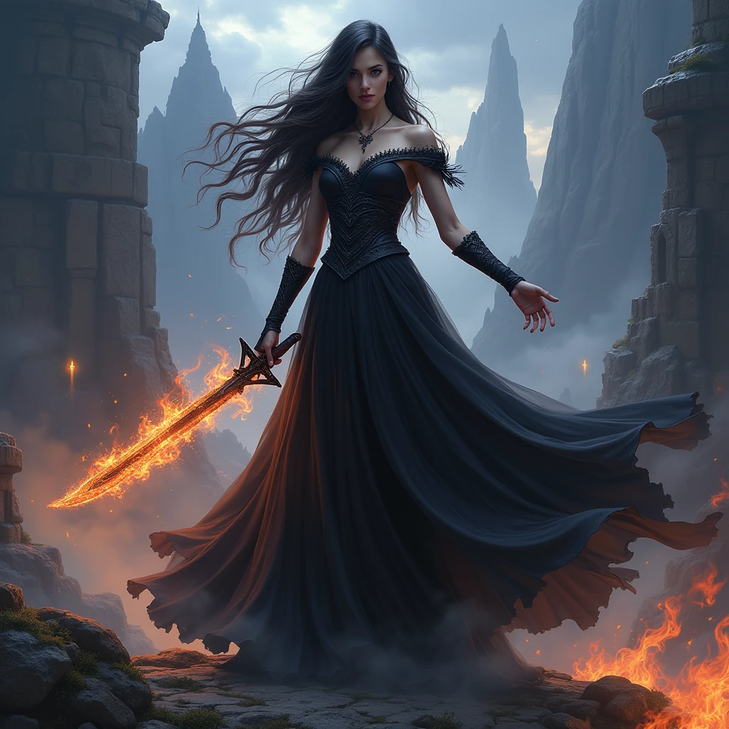 Woman in black dress holding sword and fire, Jan J, Beautiful Fantasy Empress, Fantasy Woman, Fantasy art style, Digital fantasy art ), Li Song, Jan Jin, epic Fantasy art style hd, Detailed fantasy art, 4K Fantasy Art, Amazing fantasy art, Beautiful Succubus, Anime Goddess, Fan Chi, HD fantasy art