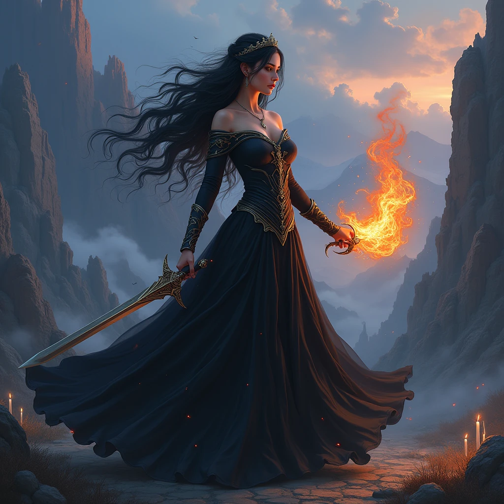 Woman in black dress holding sword and fire, Jan J, Beautiful Fantasy Empress, Fantasy Woman, Fantasy art style, Digital fantasy art ), Li Song, Jan Jin, epic Fantasy art style hd, Detailed fantasy art, 4K Fantasy Art, Amazing fantasy art, Beautiful Succubus, Anime Goddess, Fan Chi, HD fantasy art