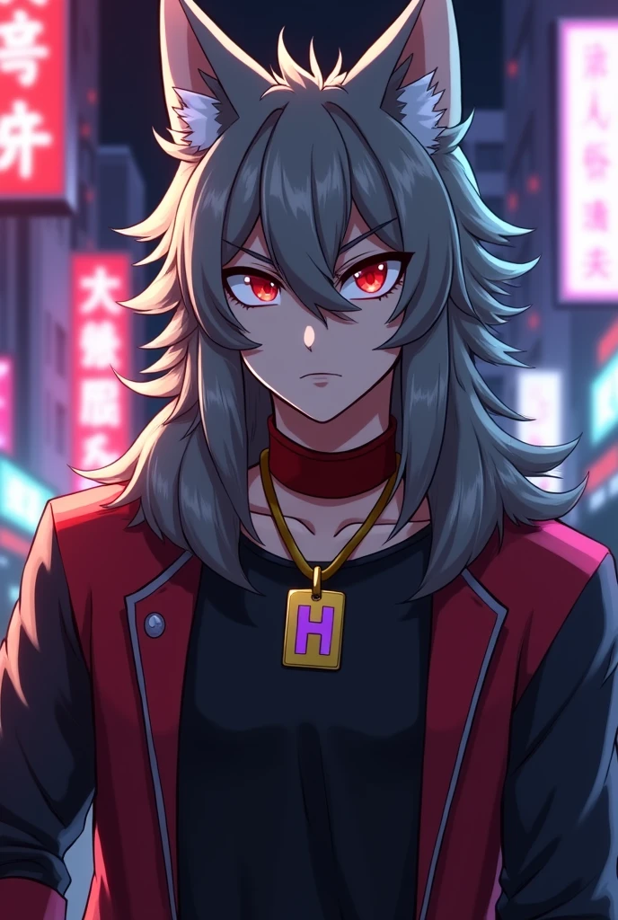 Anime style drawing of a male anthropomorphic wolf furry with gray fur and slightly long, spiky hair, There is a hair passing between the two eyes, has a lot of fur behind, that goes all the way to your back, a bit of your back fur passing over your shoulder and staying in front of your chest, has a serious expression, has red eyes and dark circles, wears a red collar with a gold tag with a purple h symbol printed on it, wears a black and red long sleeve shirt from the chest down.