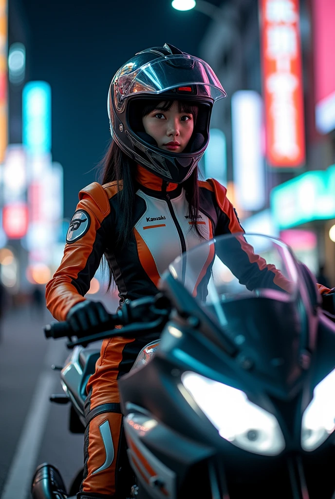 very beautiful Japanese high school girl, about to Ride on a off-road motorcycle, at downtown at night, dramatic scene, masterpiece, (face focus:1.3), clear helmet visor, beautiful eyes, Kawasaki bike, Shoei helmet, (wearing a cyber punk off-road rider's outfits), dynamic angle, 