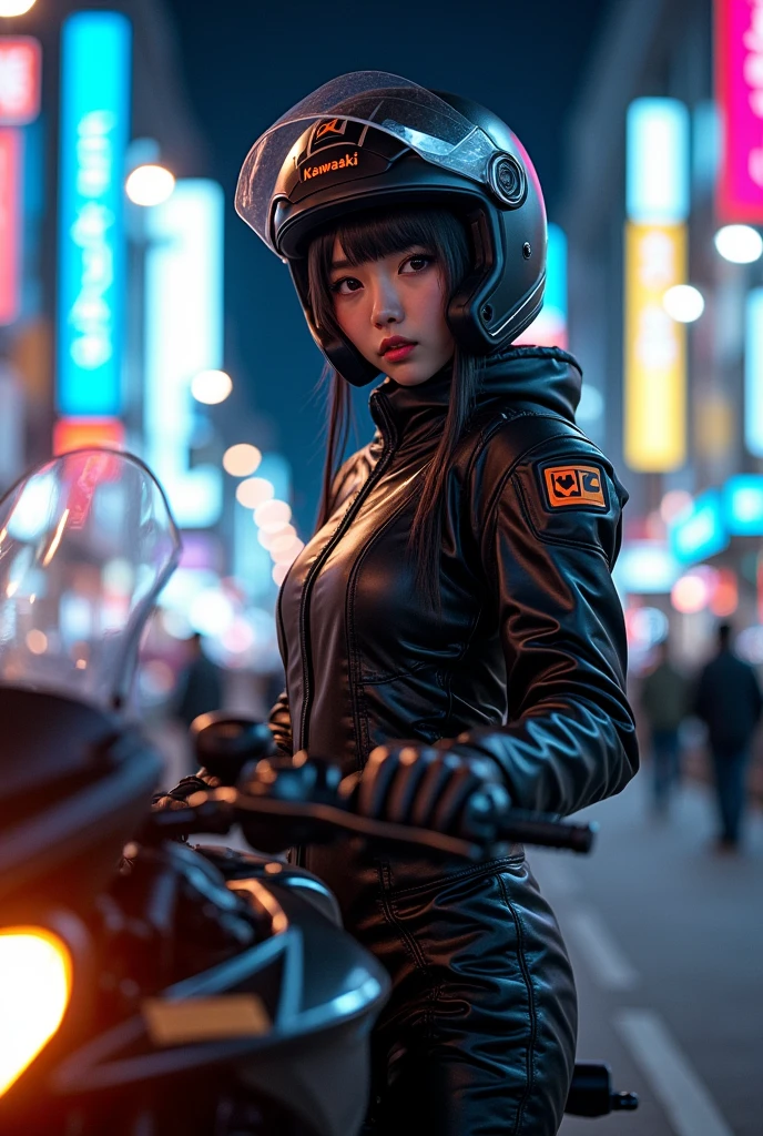 very beautiful Japanese high school girl, about to Ride on a off-road motorcycle, at downtown at night, dramatic scene, masterpiece, (face focus:1.3), clear helmet visor, beautiful eyes, Kawasaki bike, Shoei helmet, (wearing a cyber punk off-road rider's outfits), dynamic angle, 