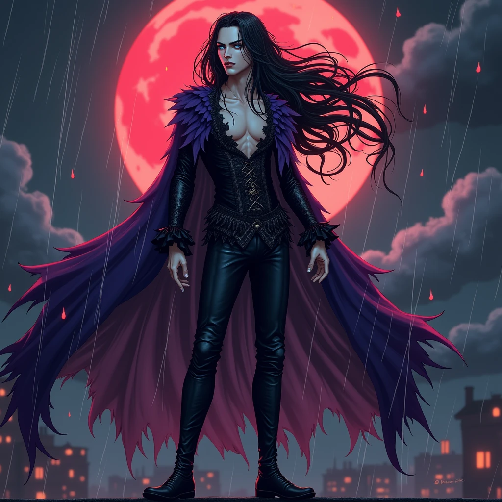 A sexy young male, long black hair, teal blue eyes. Gothic clothes. (Male) (no facial or body hair)) masterpiece, best quality, ultra-detailed, best shadow), (detailed background) (purple and black) pretty handsome. Sexy Cute. No facial hair. No body hair. Wink. Seductive. Sexy. Pale and white skin. Smirking. Anime style. Blood. Vampire. Sexy. Death note style. Pink lips. SENSUAL. Purple and black gothic frilly clothes. Long lashes. Sexy pose. Shiny. Vampire Prince. Seductive. Male. Shiny. Long boots. Delicate facial features. Kiss. Red moon. Fangs. Sexy male. Angelic facial features. Male. Make it male. Sexy pose. Blood pouring down from the sky. It's raining blood. Thunder. Red. On the rooftop. 
🥺