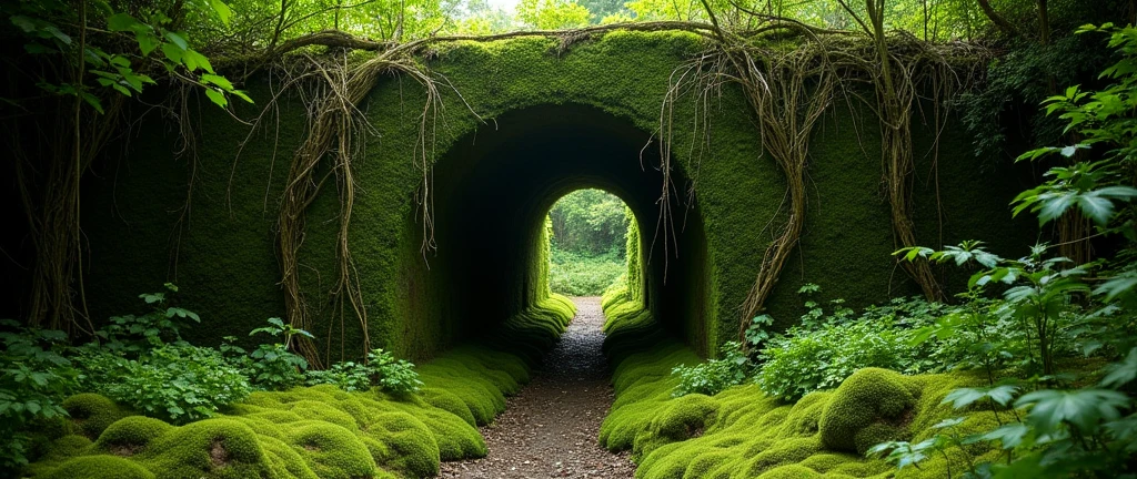Create an image of a moss wall with a passage covered by large hanging vines