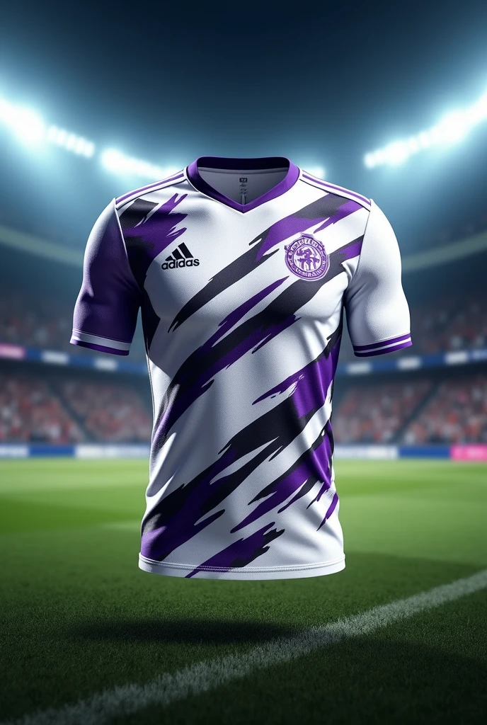 A sports jersey with a white base color and black and purple designs
