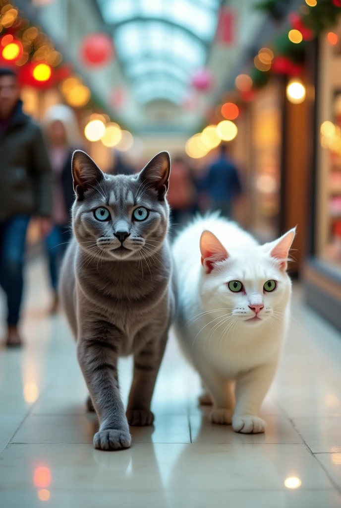The gray cat with blue eyes and the white cat with green eyes. They go to the mall