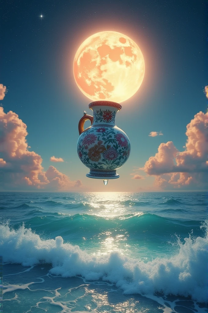 In the sky a vase pours its waters over the vast and wonderful sea, A big star lights up the landscape