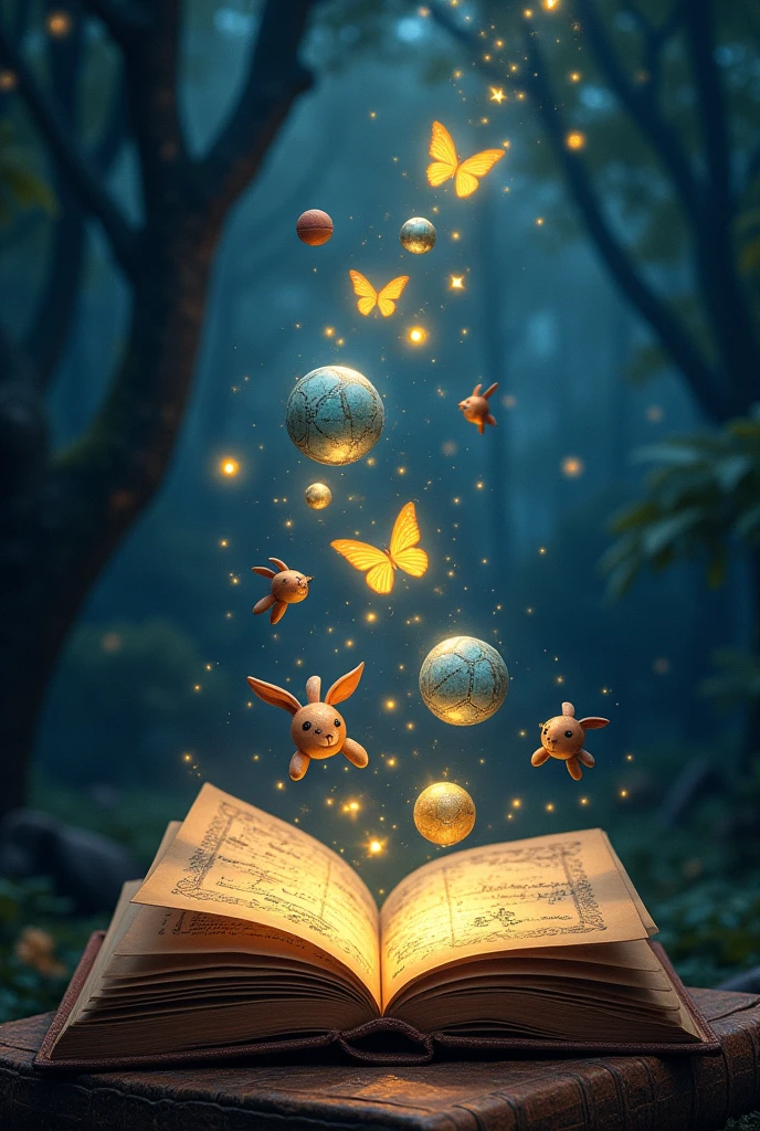On a night full of constellations there is a book from which good notes come out, drawings of sports balls and also figurines like butterflies, rabbits, dogs and cats made of glass and wood and all this comes out of the book