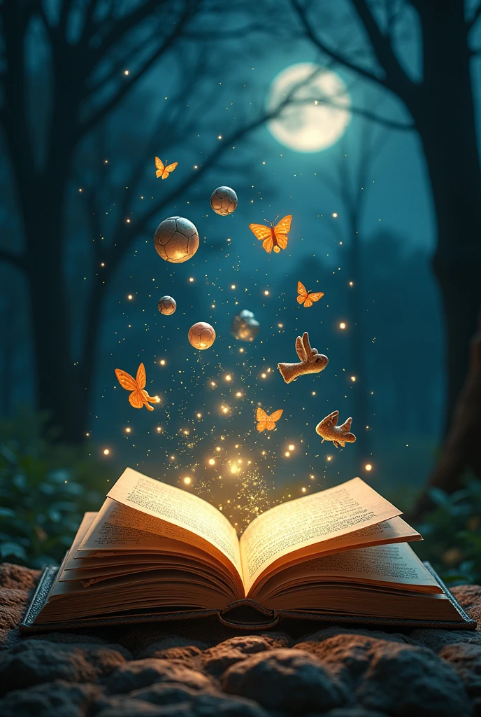 On a night full of constellations there is a book from which good notes come out, drawings of sports balls and also figurines like butterflies, rabbits, dogs and cats made of glass and wood and all this comes out of the book

