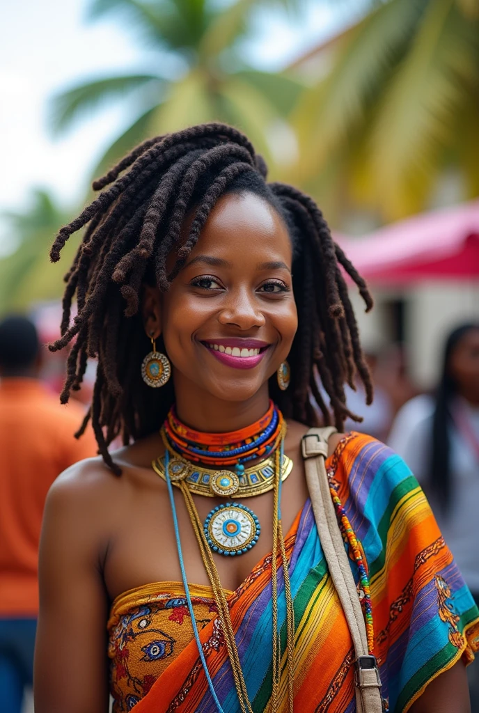 Gessie femme âgée de 54 ans, Afro Américaine dreadlorks relâché sur son dos.  Teint lumineux, habits traditionnel haitienne, colliers, bracelets. Paysage province Leogane Haiti place Anacaona, rencontre Jaccot âgé  de 53 ans, PORTE parole KNVA afro africain et Bailly, cheveux blancs très long sur son dos, moustaches blancs, barbes blanche, 75 ans directeur De l université INIVA. Cadre hautement lumineux, verdure,, place colorante. Je veux voir trois personnes en evidences. Gessie, Jacques cheveux très courts, barbes grisonnantes, son ventre peu en relief sur son boubou Africaine, Arriere plan des passants, joyeux.