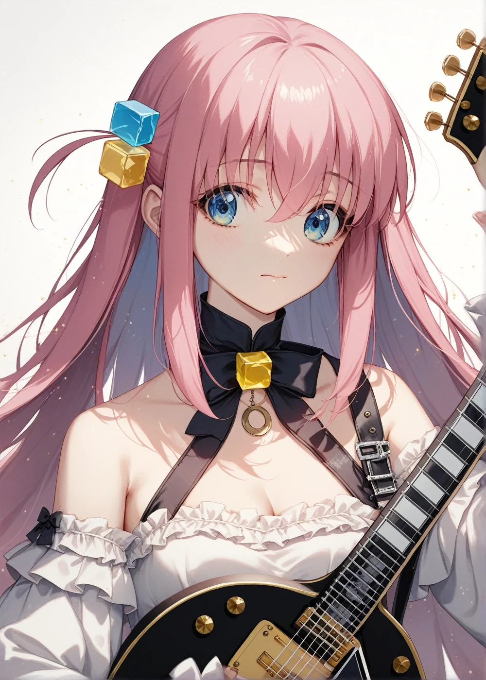 score_9, score_8_up, score_7_up, source_anime, rating_safe, simple dim gradient background, volumetric light, light particles, cinematic shadows, (masterpiece, best quality, very aesthetic), intricate details, 1girl, solo, lady, hitori gotou, bocchi the rock, cube ornament hair, long hair, pink hair, blue eyes, closed mouth, bare shoulder, laced, GothLoli, holding a black Gibson Les Paul electric guitar, front, front view, looking at viewer, upper body