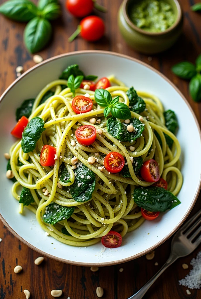 Pinoy pesto pasta , straight top view, complete whole plate top view. Do not crop the plate 
