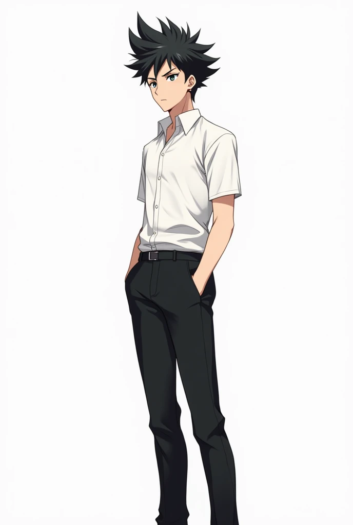 Create a male anime character with spiky black hair, black eyes, fair skin, white shirt, black pants, white shoes, and a white background.