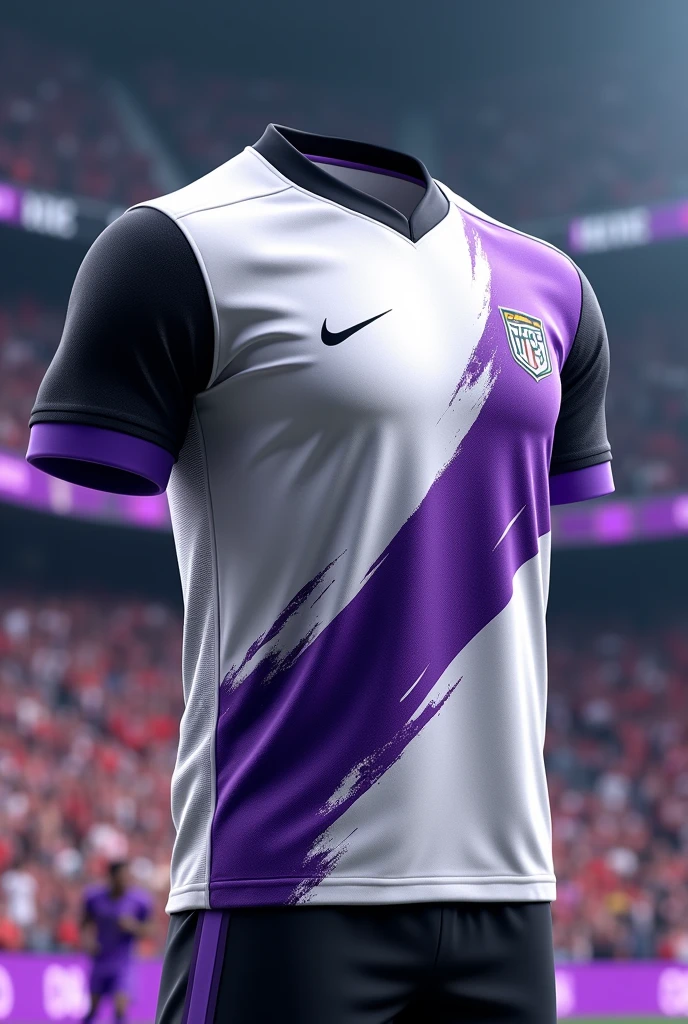 A sports jersey with a white base color and black and purple designs
