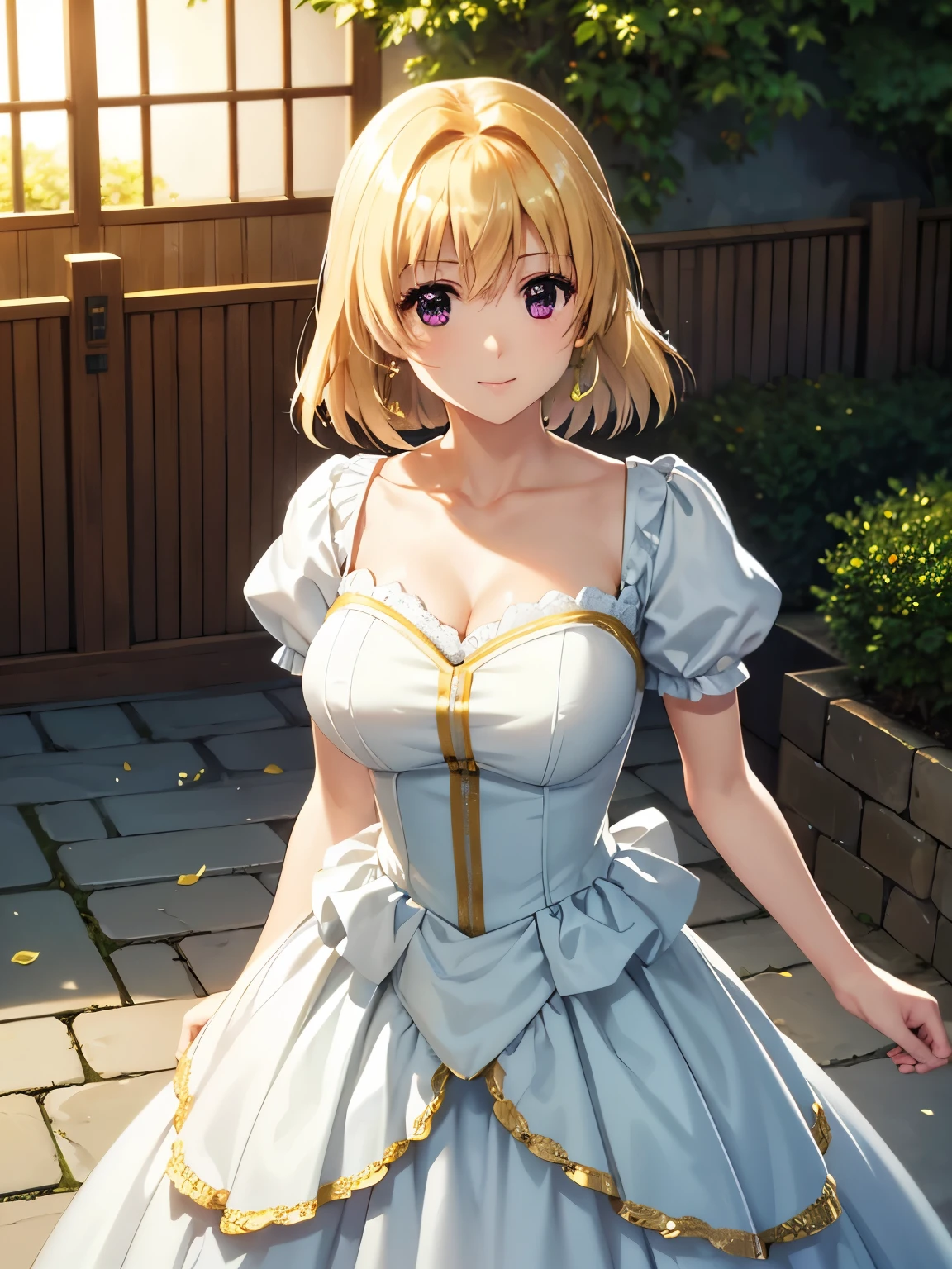 Highest quality、(Anime illustration style),Otome、Shooting from the front、High resolution、Standing、garden、Shamal、 Beautiful attractive golden hair、Shortcuts、日にShine金色の髪、Beautiful and attractive purple eyes、smile、Closed Mouth,garden,Private Server, Wedding dress、、1 person、Beautiful Eyes, Sharp pupils, Sharp focus, (Very detailed, bloom, Shine)、(Genuine、Realistic、Realistic)、High resolution、超High resolution、Ultra-fine painting、Cowboy Shot