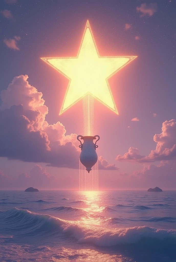 In the sky a vase pours its waters over the vast and wonderful sea, A big star lights up the landscape