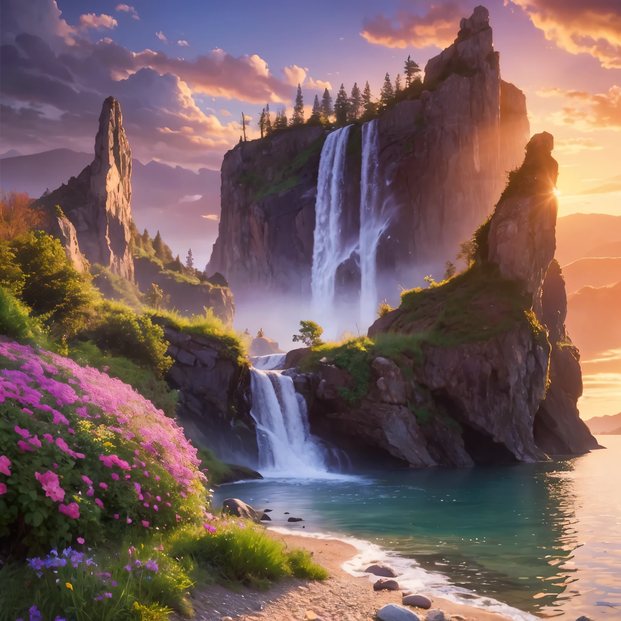 Fantasy art, Dreamy landscape, Water flow, Colorful flowers, Pebble, Bush, Sunset.
Highest quality, masterpiece, High resolution, Very detailed, Sharp focus, Cinema Lighting, Vibrant colors,
