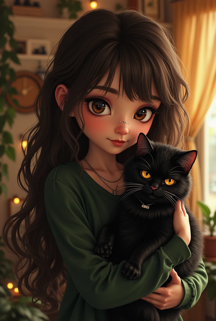 Girl with dark brown wavy hair with bangs, dark brown eyes and white skin, with piercings in the nose and eyebrow holding a black cat in her arms